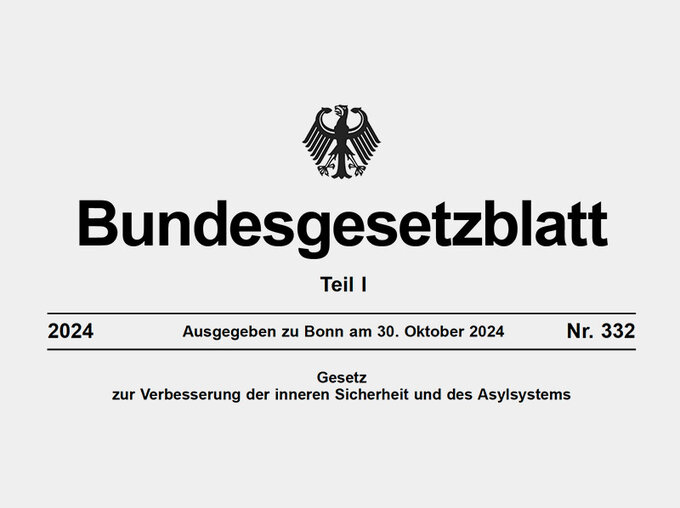Titelseite des Bundesgesetzblatts Teil I aus dem Jahr 2024 mit Bundesadler und der Überschrift „Gesetz zur Verbesserung der inneren Sicherheit und des Asylsystems“, ausgegeben am 30. Oktober 2024.