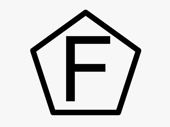 Schwarzes Prüfzeichen „F im Fünfeck“ auf weißem Hintergrund. Das Symbol kennzeichnet in Deutschland erlaubnisfreie Schusswaffen mit einer Mündungsenergie von maximal 7,5 Joule (z. B. Luftdruck-, Federdruck- und CO₂-Waffen).