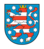 Wappen des Freistaats Thüringen mit rot-weiß gestreiftem Löwen, umgeben von acht weißen Sternen auf blauem Schild.