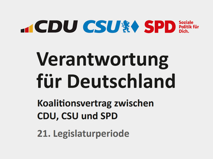 Titelseite des Koalitionsvertrags „Verantwortung für Deutschland“ zwischen CDU, CSU und SPD für die 21. Legislaturperiode, mit Parteilogos und Untertitel „Koalitionsvertrag zwischen CDU, CSU und SPD“.