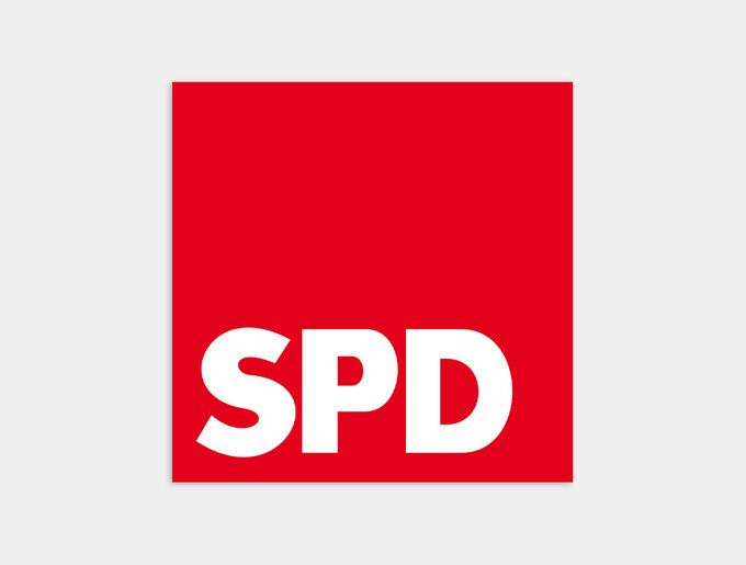 Rotes Quadrat mit weißer Aufschrift „SPD“, dem Logo der Sozialdemokratischen Partei Deutschlands.