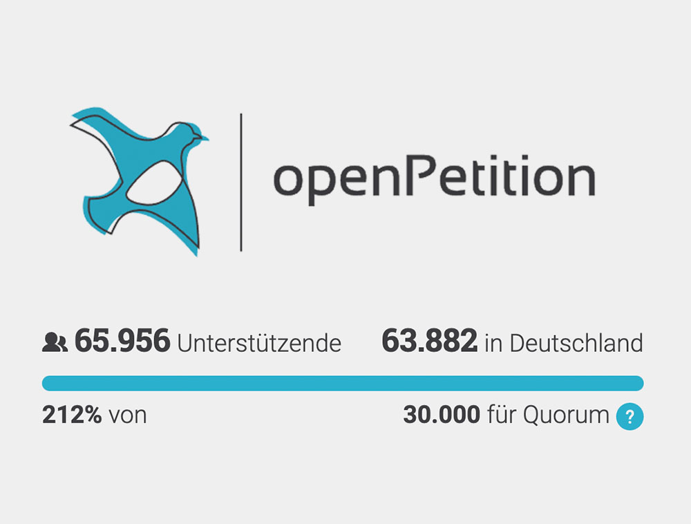 Grafik der Plattform openPetition mit Logo und Fortschrittsanzeige: 65.956 Unterstützende insgesamt, davon 63.882 in Deutschland, Quorum von 30.000 Stimmen zu 212 Prozent erreicht.