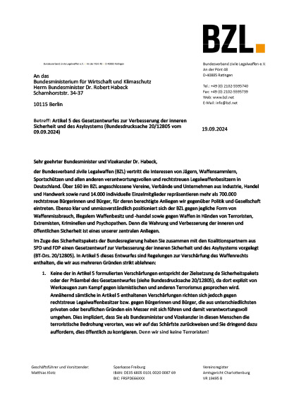 Offener Brief des Bundesverbands zivile Legalwaffen e. V. (BZL) an Bundeswirtschaftsminister Robert Habeck zur Kritik an waffenrechtlichen Verschärfungen im Gesetzentwurf zur inneren Sicherheit und zum Asylsystem.