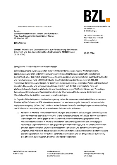 Offener Brief des Bundesverbands zivile Legalwaffen e. V. (BZL) an Bundesinnenministerin Nancy Faeser zur Ablehnung weiterer Verschärfungen des Waffenrechts im Zuge des Sicherheits- und Asylgesetzes.