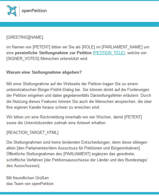 Screenshot einer openPetition-Vorlage mit Logo und Musteranschreiben, das Abgeordnete um eine persönliche Stellungnahme zu einer Petition bittet; Platzhalterfelder wie Name, Parlament und Petitionstitel sind sichtbar.