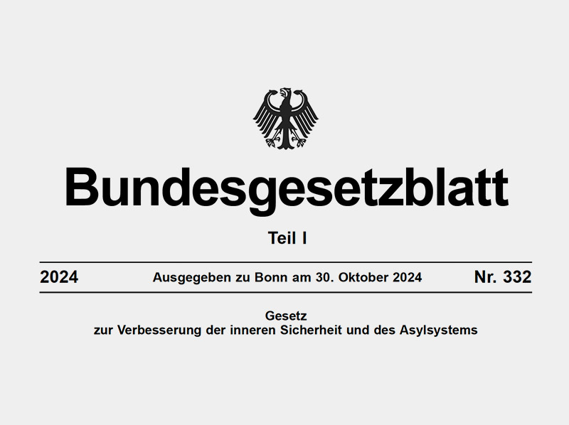 Titelseite des Bundesgesetzblatts Teil I aus dem Jahr 2024 mit Bundesadler und der Überschrift „Gesetz zur Verbesserung der inneren Sicherheit und des Asylsystems“, ausgegeben am 30. Oktober 2024.